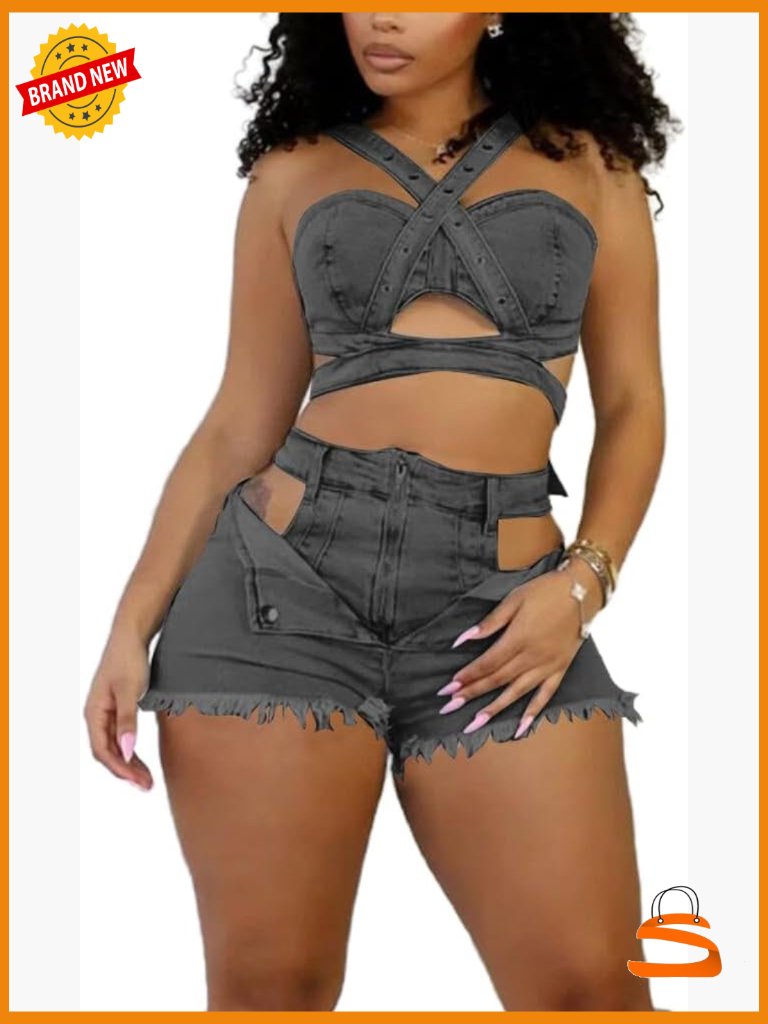 Sleeveless Crossover Cami Top High Waist Denim Shorts Set Y2k Tracksuit Women